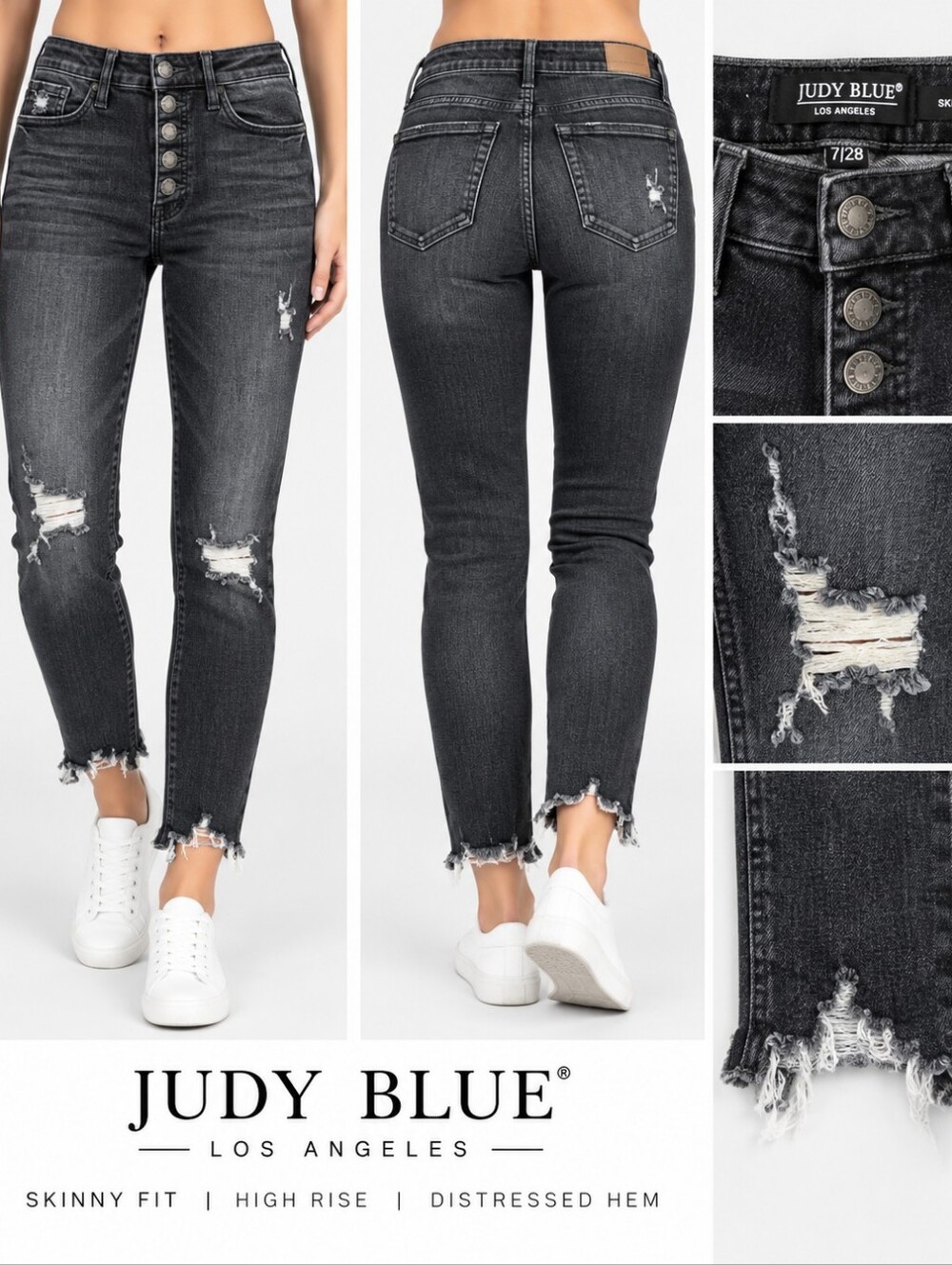 Judy Blue 7/28 Black Distressed Skinny Jeans Button Fly Raw Hem